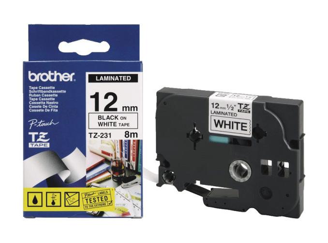 Nhãn Brother Hze-231, Black on White ( chữ đen nền trắng), rộng 12mm